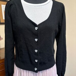 Mini Rose Black Cropped Cardigan Crystal Heart Buttons NWT